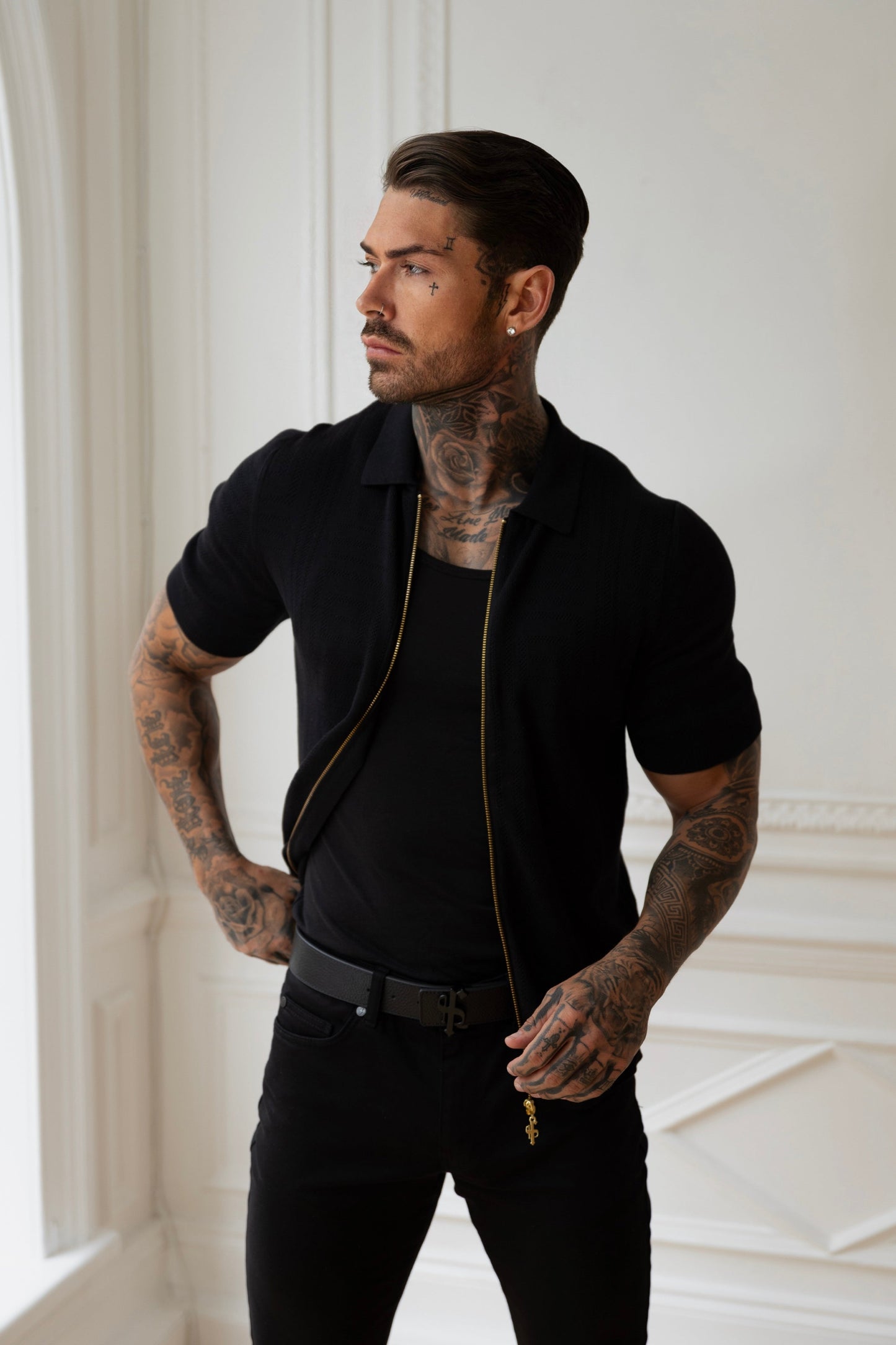 Stylish Black Short Sleeve Zip-Up Knit Sweater with Classic Textured Design - Father Sons Collection - FSN151