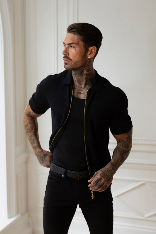 Stylish Black Short Sleeve Zip-Up Knit Sweater with Classic Textured Design - Father Sons Collection - FSN151