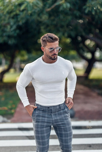 Elevate Your Wardrobe with the Father Sons Timeless White Ribbed Knit Sweater Featuring Elegant Tonal Embroidery - FSH942