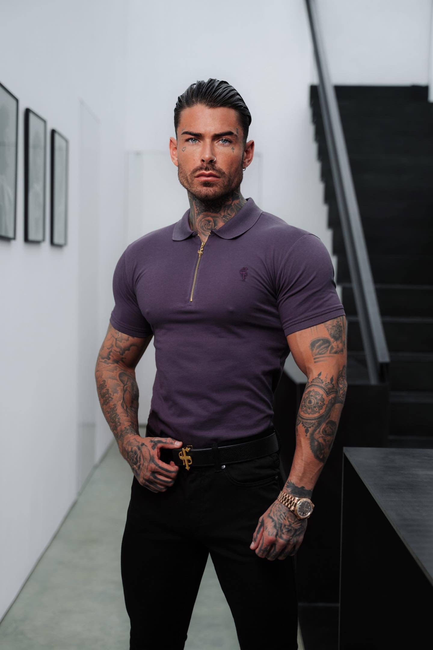 Elevate Your Style with the Father Sons Luxurious Plum and Gold Zipped Polo Shirt - FSH855