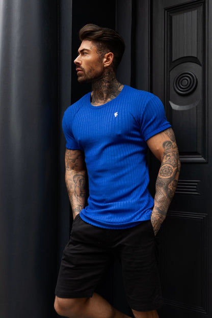 Elevate Your Style: Father Sons Royal Blue & Silver Ribbed Super Slim Fit Short Sleeve Crew - FSH1091