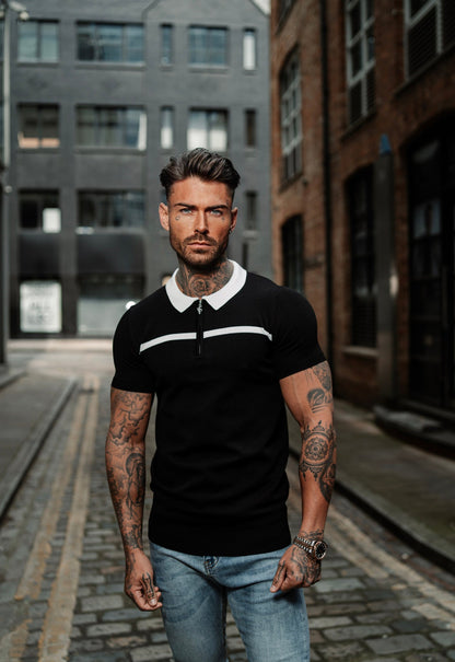 Elevate Your Style with the Father Sons Classic Black & White Striped Zipped Polo - Short Sleeve Edition!