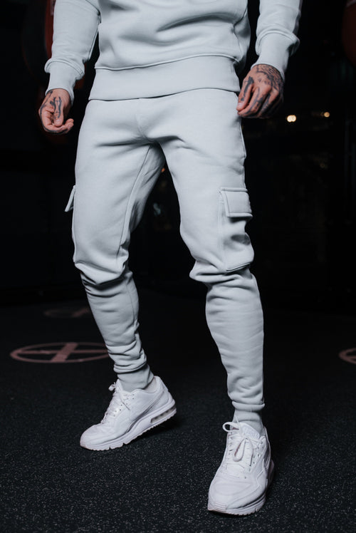 Elevate Your Style: Light Grey Cargo Tracksuit Bottoms with Pockets, Cuffed Hem, and Stylish FS Embroidery - FSH936 by Father Sons