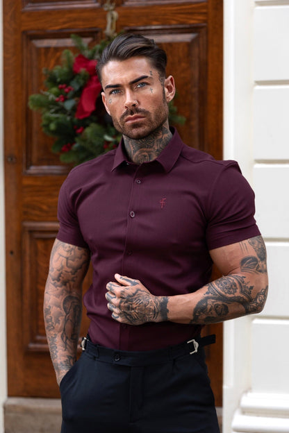 Elevate Your Style with Father Sons Super Slim Burgundy Scuba Stretch Short Sleeve Shirt - FS1028