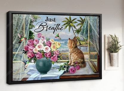 Dreamy Landscape Canvas Prints: Pink Rose Vase, Hummingbird, Beach Serenity, and Inspirational "Just Breathe" - Perfect Christian Wall Art!