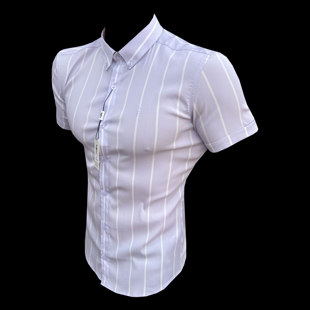 Elevate Your Style with Father Sons Lilac Super Slim Stretch Short Sleeve Shirt – Striking Wide Stripes & Button Down Collar - FS1068