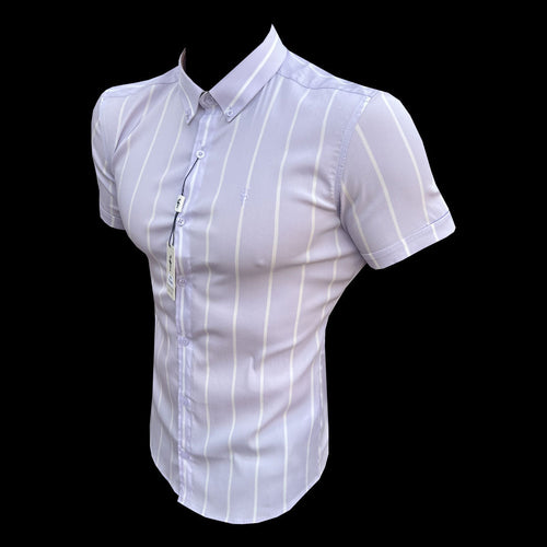 Elevate Your Style with Father Sons Lilac Super Slim Stretch Short Sleeve Shirt – Striking Wide Stripes & Button Down Collar - FS1068
