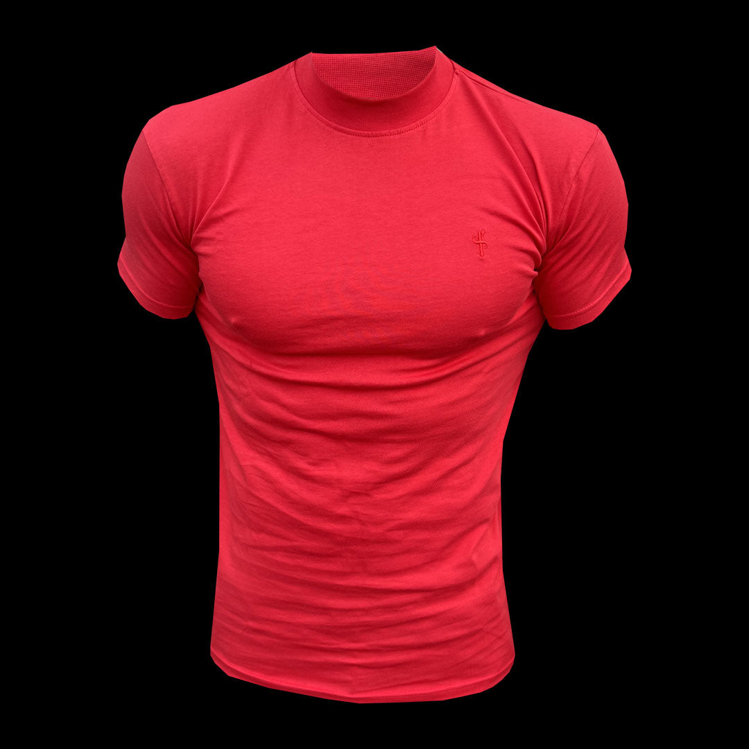 Chic Red Ribbed High Neck Crew Tee - FSH1138