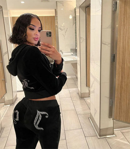 Diamond Letter Hoodie Velvet Tracksuit 2-Piece Set