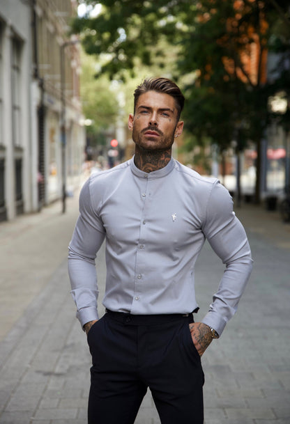 Elevate Your Style: Father Sons Super Slim Fit Stretch Grey Denim Long Sleeve Shirt with Trendy Grandad Collar and Sleek Silver Metal Buttons - FS962