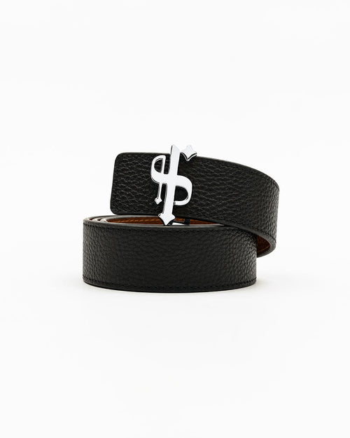 Versatile Black & Tan Reversible Leather Belt with Elegant Silver FS Buckle - FSBELT002