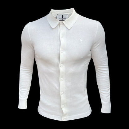Timeless Elegance: Off White Knitted Long Sleeve Polo with Buttons by Father Sons - FSN172