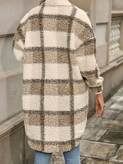 Long Sleeve Plaid Fuzzy Lapel Collar Jacket m for Fall & Winter - Machine Washable Polyester Coat for Women