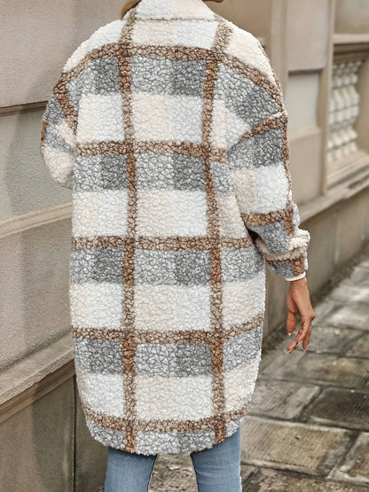 Long Sleeve Plaid Fuzzy Lapel Collar Jacket m for Fall & Winter - Machine Washable Polyester Coat for Women