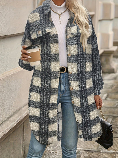 Long Sleeve Plaid Fuzzy Lapel Collar Jacket m for Fall & Winter - Machine Washable Polyester Coat for Women