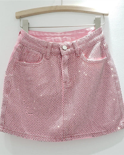 Hot Rhinestoned Denim Hip-Hugging Short Skirt