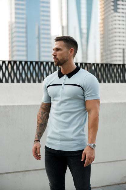 Elevate Your Style with the Father Sons Silver Grey and Black Stripe Zipped Polo - Short Sleeve FSN040