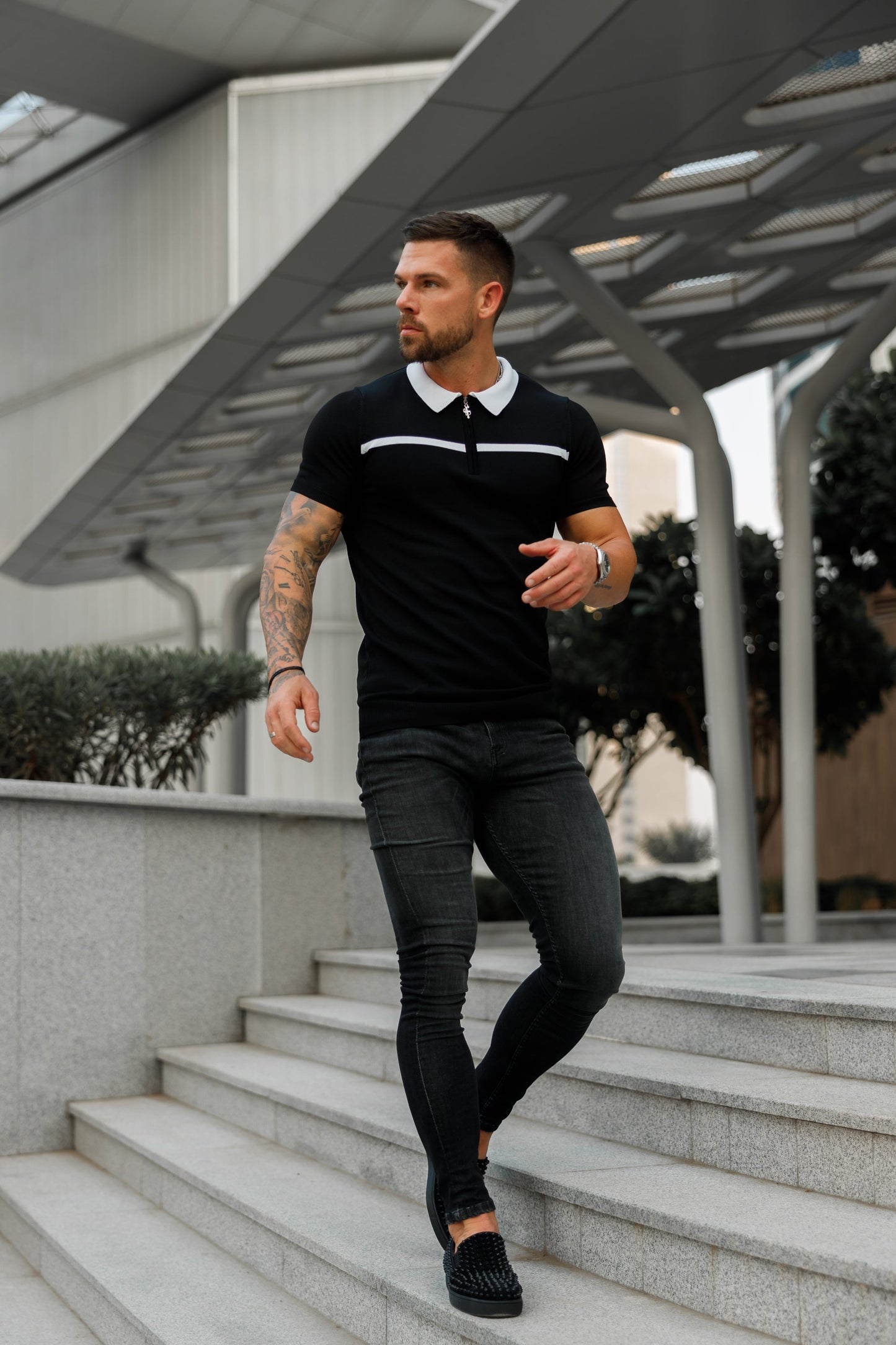 Elevate Your Style with the Father Sons Classic Black & White Striped Zipped Polo - Short Sleeve Edition!