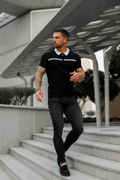Elevate Your Style with the Father Sons Classic Black & White Striped Zipped Polo - Short Sleeve Edition!
