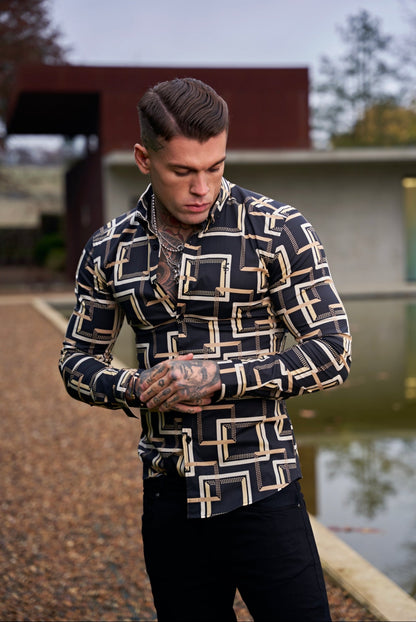 Elevate Your Style with Father Sons Super Slim Stretch Black & Cream Interlinked Square Print Button-Down Long Sleeve Shirt - Model FS850