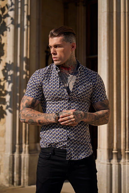 Elevate Your Style with Father Sons Super Slim Fit Blue & Beige Chevron Print Short Sleeve Shirt Featuring a Chic Button-Down Collar - FS903