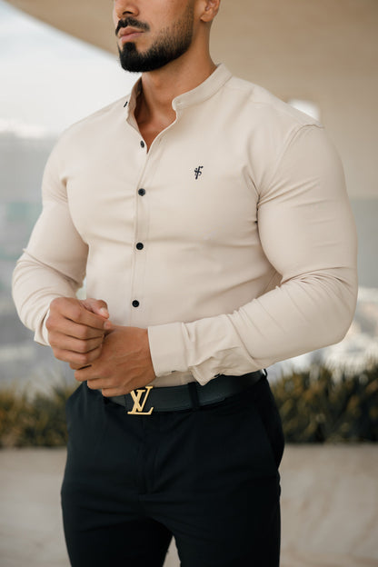 Elevate Your Style: Father Sons Super Slim Fit Beige Long Sleeve Stretch Scuba Top with Grandad Collar - FS941