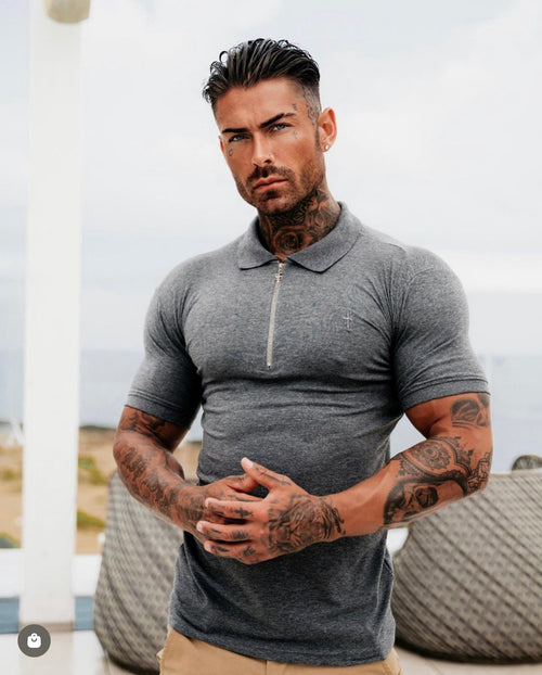 Stylish Dark Grey and Silver Zipped Polo Shirt for Men - Father Sons FSH812