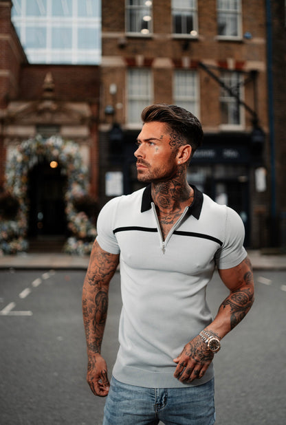 Elevate Your Style with the Father Sons Silver Grey and Black Stripe Zipped Polo - Short Sleeve FSN040