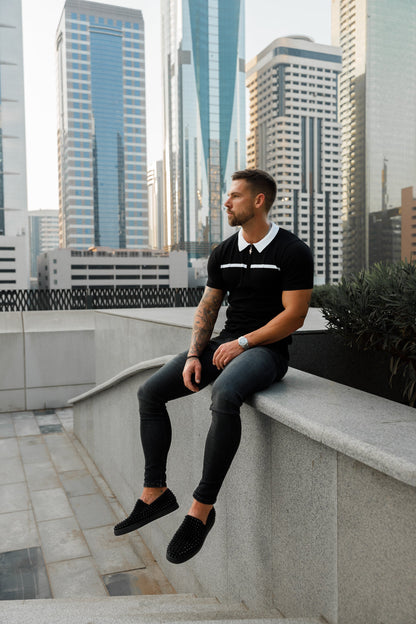 Elevate Your Style with the Father Sons Classic Black & White Striped Zipped Polo - Short Sleeve Edition!