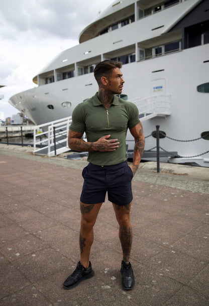 Elevate Your Wardrobe with the Father Sons Luxurious Khaki and Gold Zipped Polo - FSH810