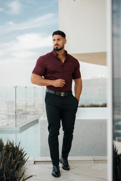 Elevate Your Style with the Father Sons Super Slim Stretch Burgundy Short Sleeve Denim Shirt Featuring a Sleek Metal Decal Emblem - FS629
