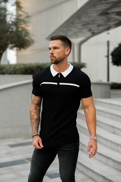 Elevate Your Style with the Father Sons Classic Black & White Striped Zipped Polo - Short Sleeve Edition!