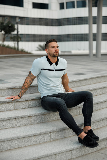 Elevate Your Style with the Father Sons Silver Grey and Black Stripe Zipped Polo - Short Sleeve FSN040