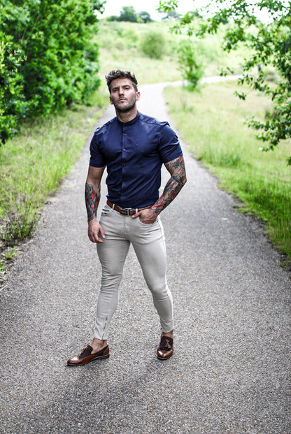 Elevate Your Wardrobe with the Father Sons Super Slim Stretch Grandad Collar Navy Oxford Shirt - FS584