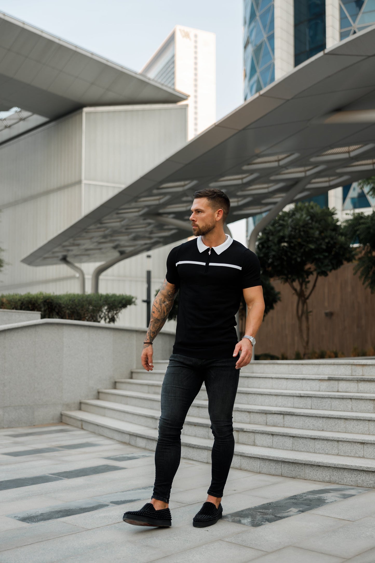 Elevate Your Style with the Father Sons Classic Black & White Striped Zipped Polo - Short Sleeve Edition!