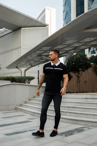 Elevate Your Style with the Father Sons Classic Black & White Striped Zipped Polo - Short Sleeve Edition!