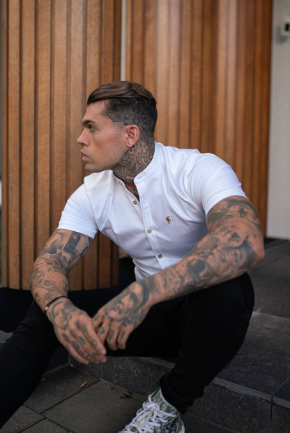 Elevate Your Style: Father Sons Super Slim Stretch White Denim Grandad Shirt with Metal Buttons and Decal Emblem - FS720