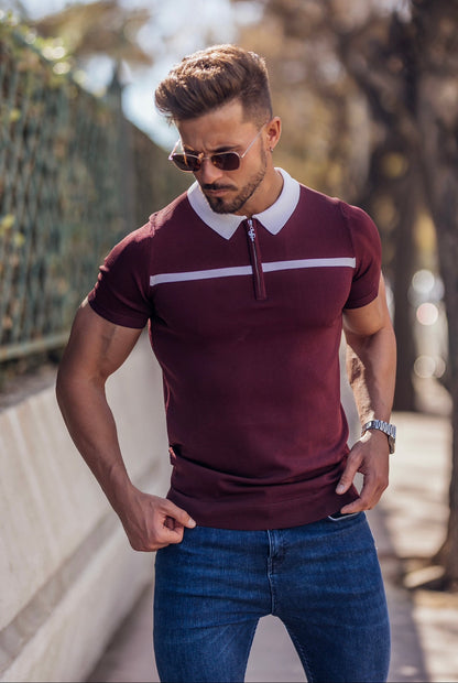 Elevate Your Style with the Father Sons Classic Burgundy and White Striped Zipped Polo - FSN045