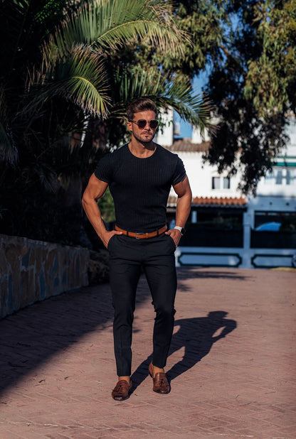 Sophisticated Slim Fit Stretch Black Trousers for Men by Father Sons - FST001