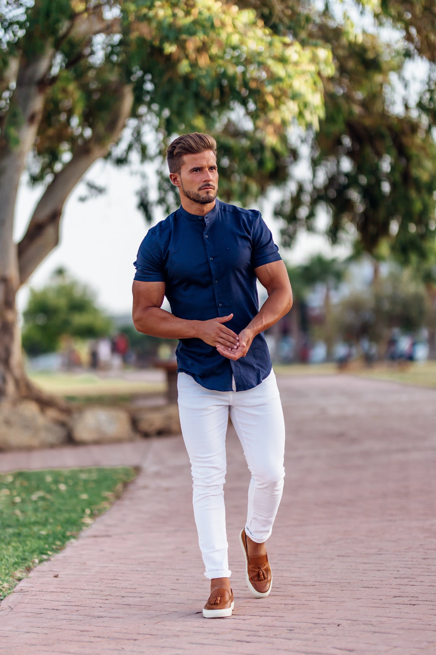 Elevate Your Wardrobe with the Father Sons Super Slim Stretch Grandad Collar Navy Oxford Shirt - FS584