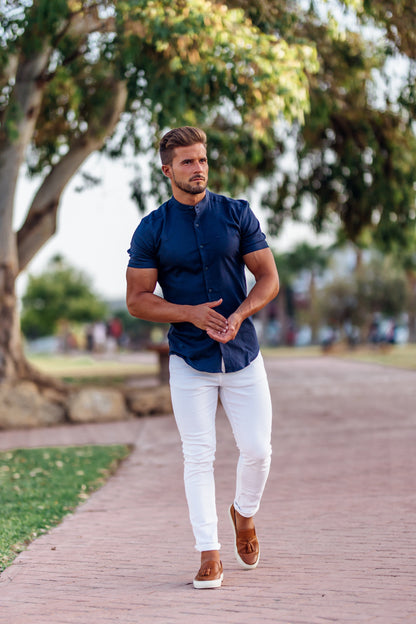 Elevate Your Wardrobe with the Father Sons Super Slim Stretch Grandad Collar Navy Oxford Shirt - FS584