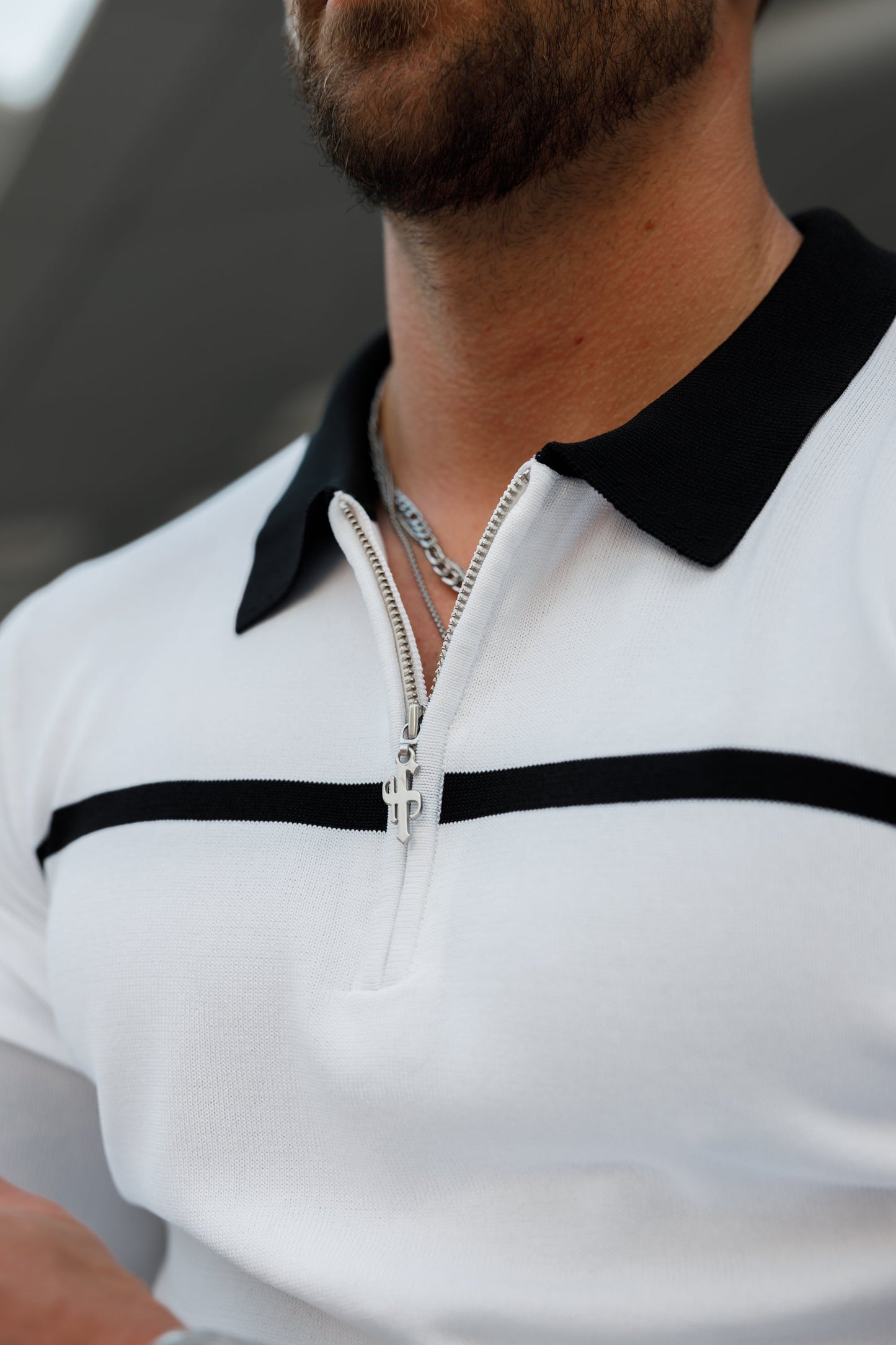 Elevate Your Wardrobe with the Father Sons Classic Striped Zipped Polo - Timeless White & Black Long Sleeve Design - FSN050