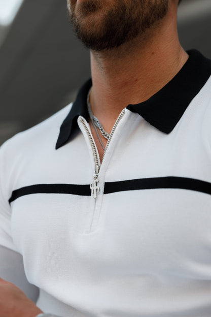 Elevate Your Wardrobe with the Father Sons Classic Striped Zipped Polo - Timeless White & Black Long Sleeve Design - FSN050