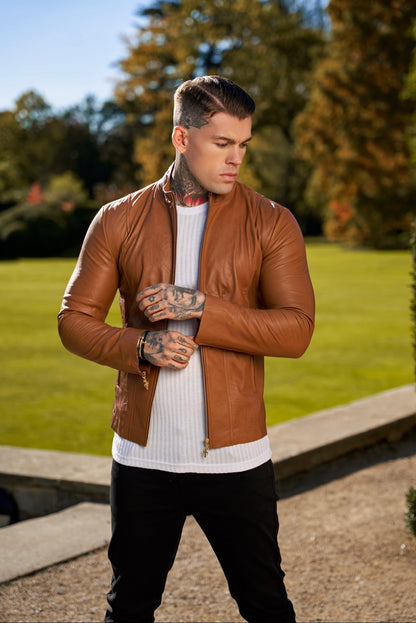 Stylish Tan Lambskin Leather Jacket with Gold Accent Zippers - FSH793 for Men