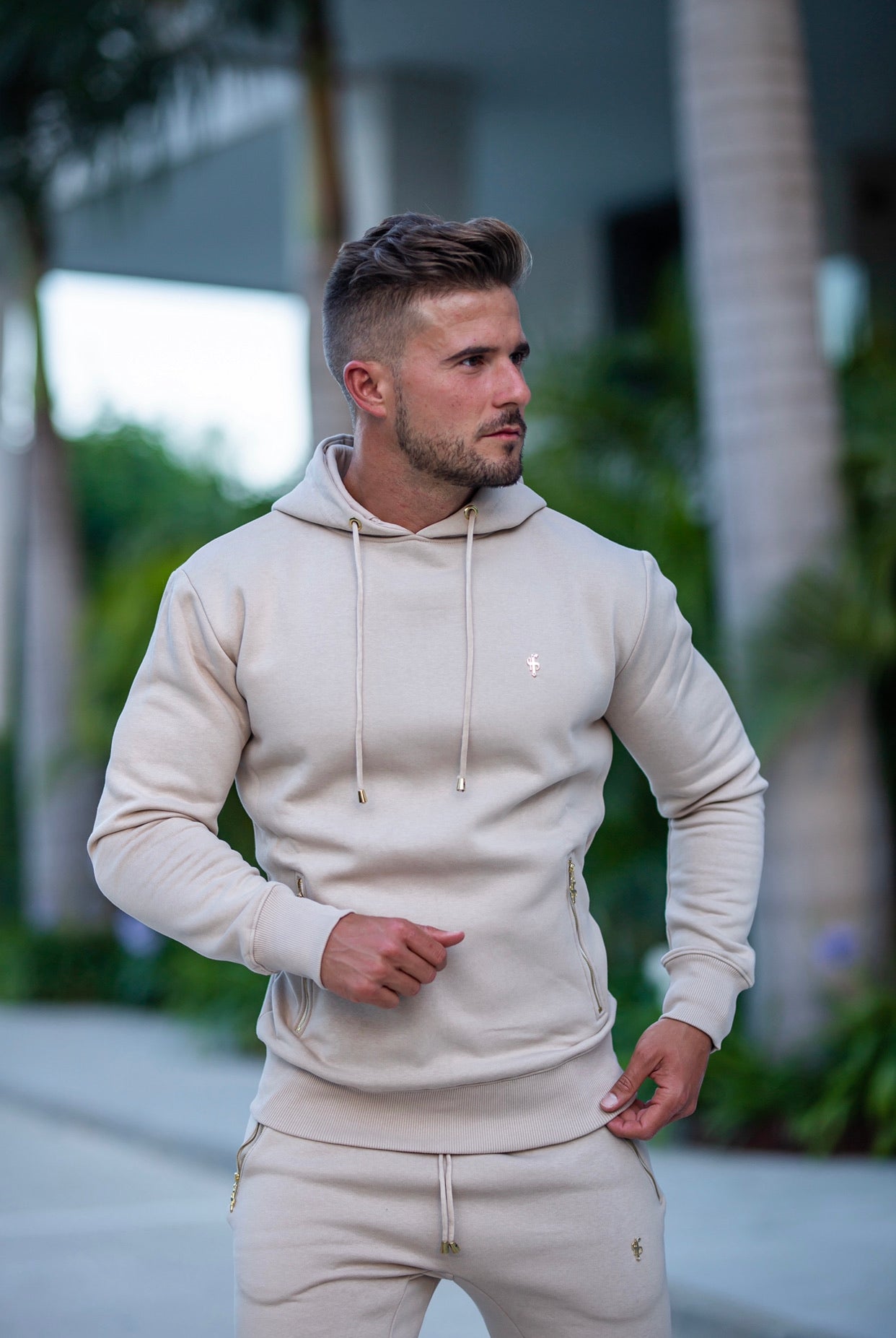 Elevate Your Style with the Father Sons Beige & Gold Overhead Hoodie Featuring Zipped Pockets - FSH483