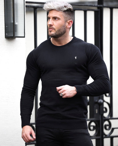 Elevate Your Style with the Father Sons Classic Black Knitted Crew Neck Jumper Featuring a Sleek Metal Decal - FSN086