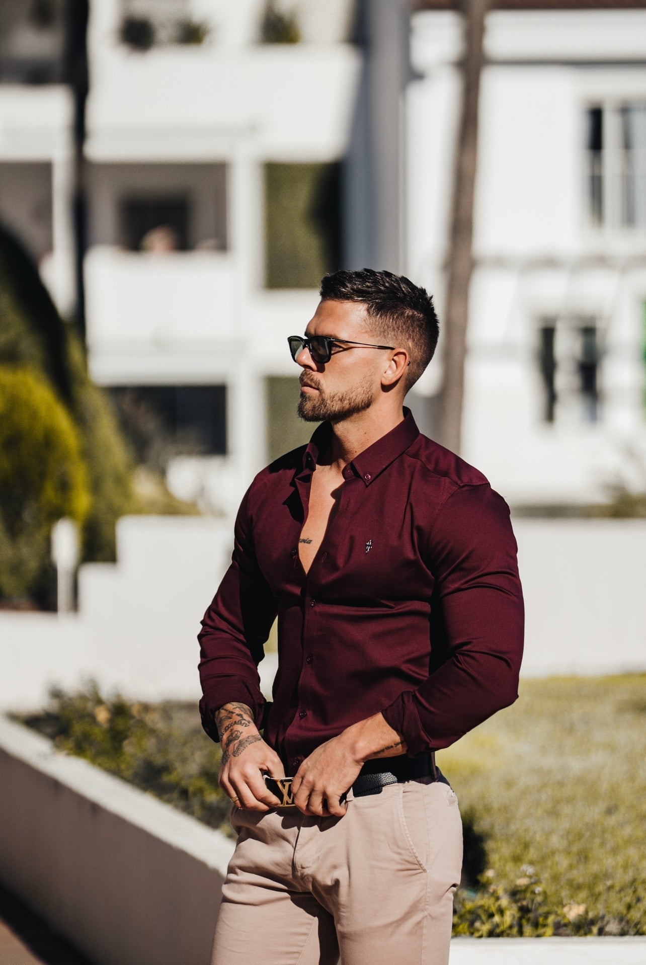 Elevate Your Style with Our Burgundy Super Slim Stretch Denim Long Sleeve Shirt Featuring a Sleek Metal Decal Emblem - FS628
