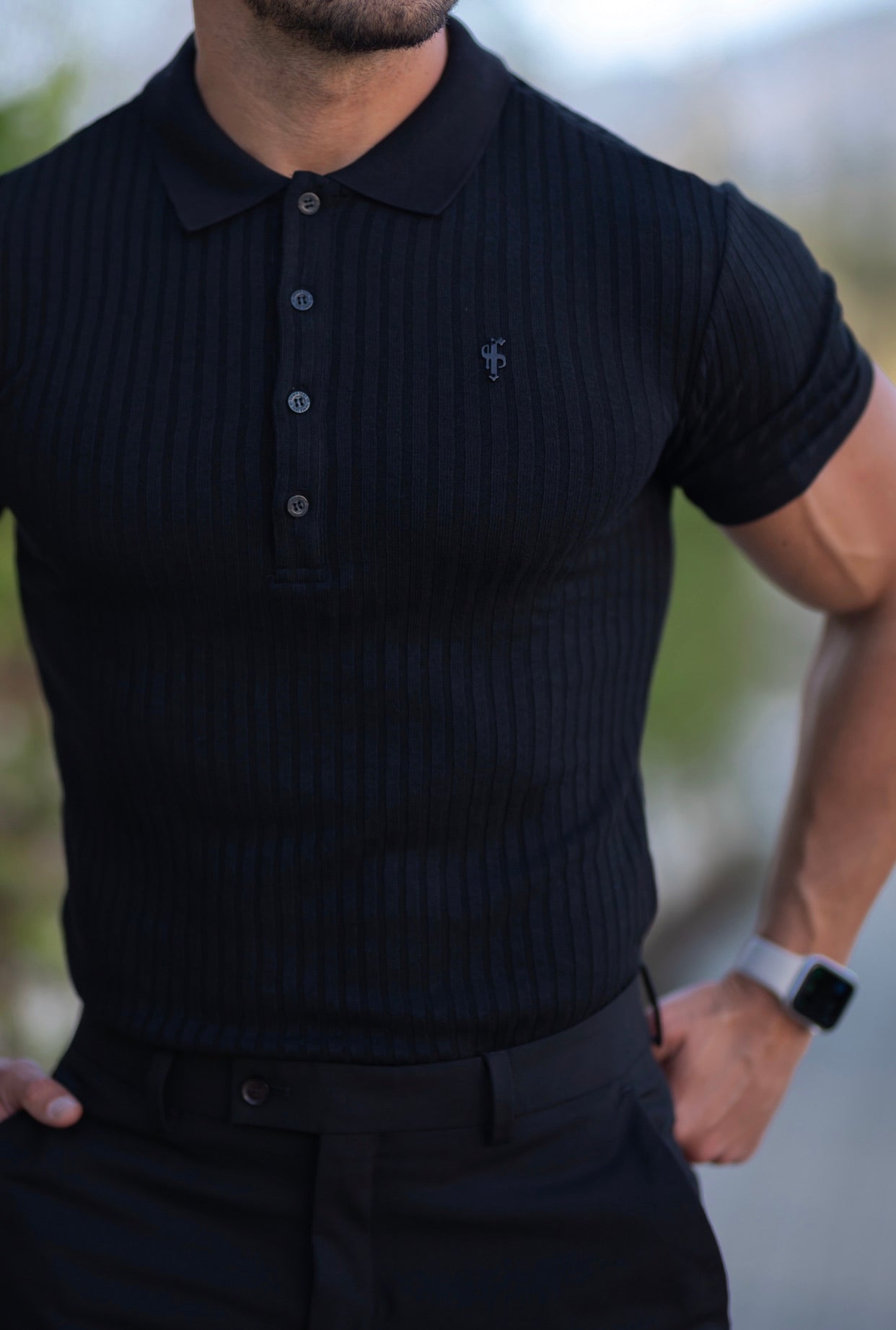 Elevate Your Style with the Father Sons Classic Black Ribbed Short Sleeve Polo - FSH551