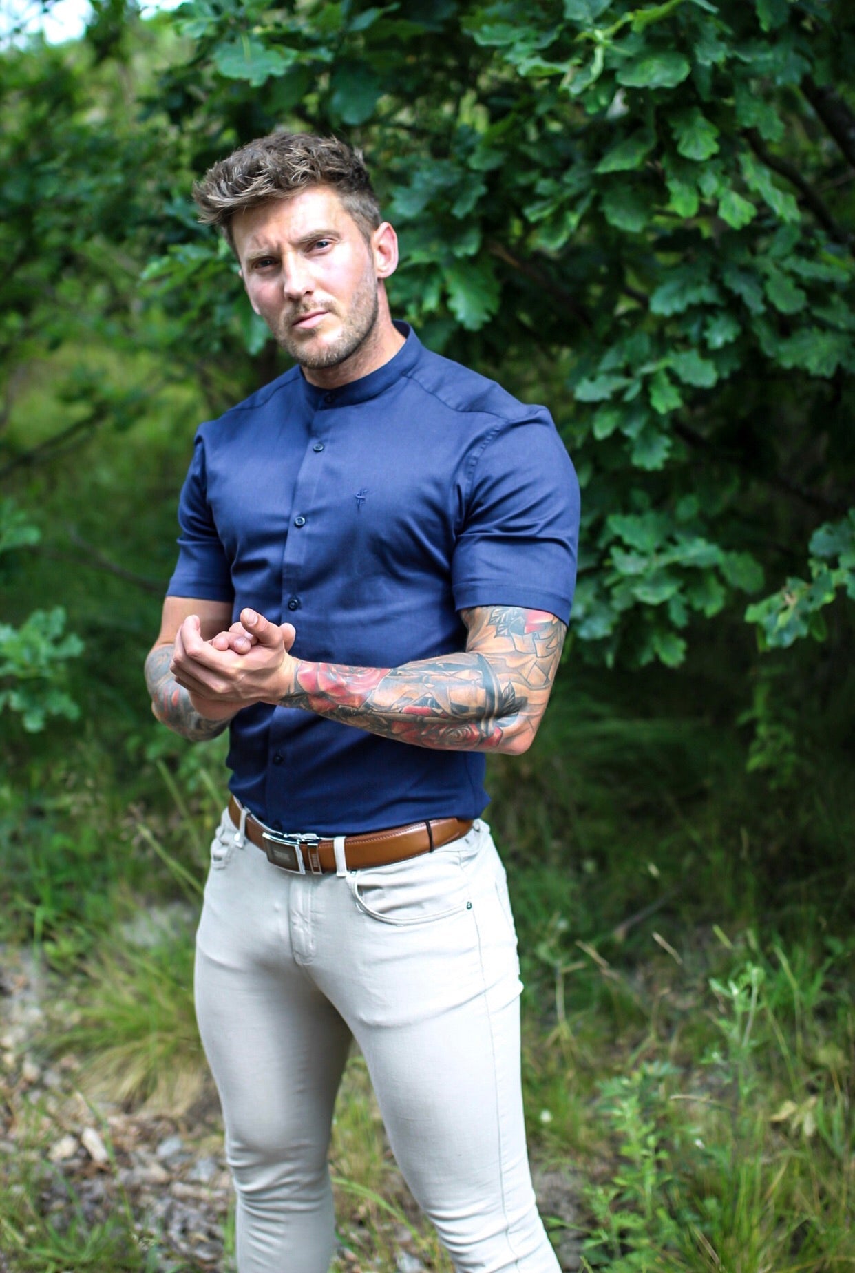 Elevate Your Wardrobe with the Father Sons Super Slim Stretch Grandad Collar Navy Oxford Shirt - FS584