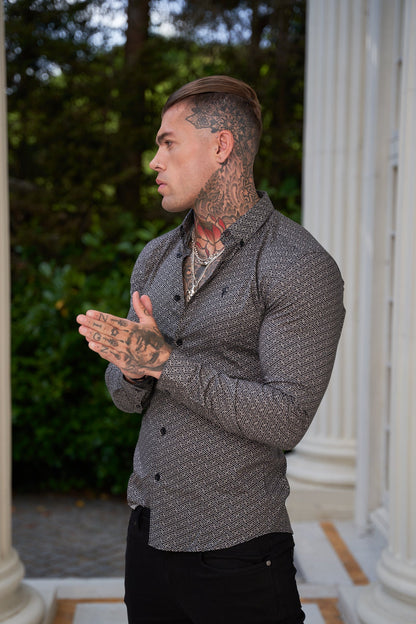 Stylish Father Sons Super Slim Stretch Long Sleeve Shirt in Black and Off White Abstract Print - Perfectly Tailored with Button Down Collar - FS786